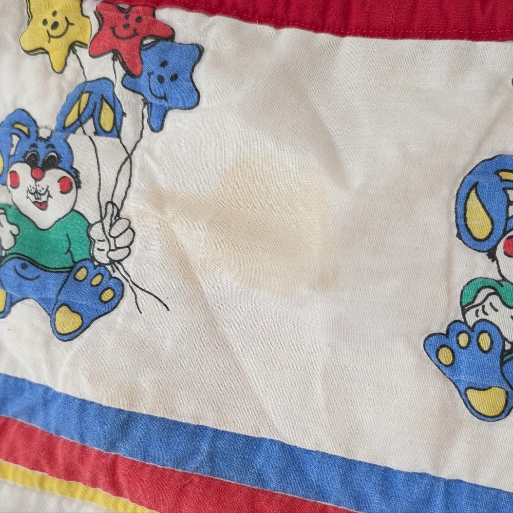 Vintage Blue Bunny Rabbit w/ Yellow Red Blue Star Balloons Crib Sheet 80s 90s